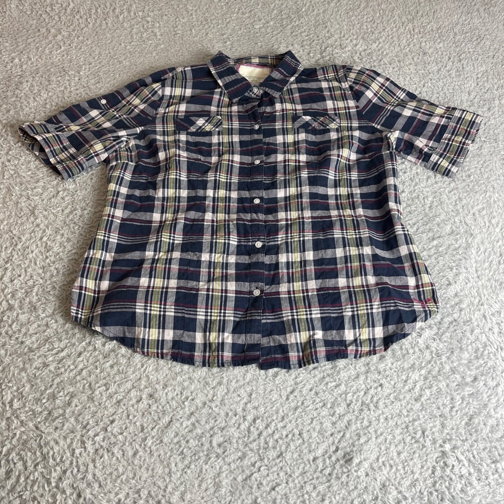American Eagle Outfitters Womens 16 Plaid Short Sleeve Button Down Shirt Navy